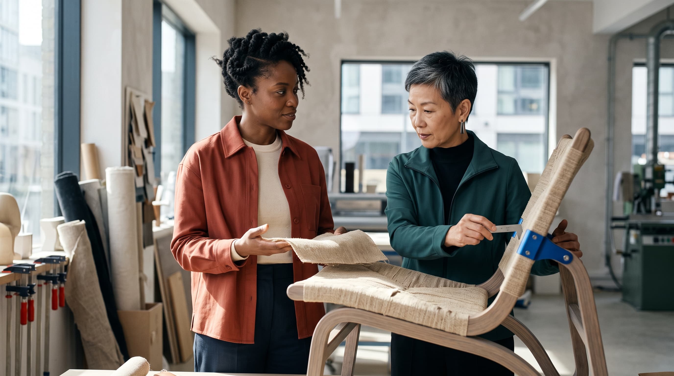 Two production partners examining the material and construction of a chair together